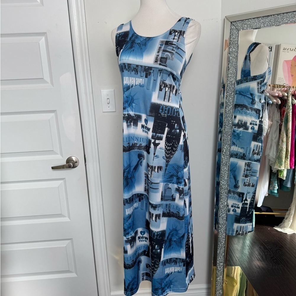 Vintage New York 2000s Blue and Black Sleeveless Maxi Dress fairy grunge M - Picture 2 of 8